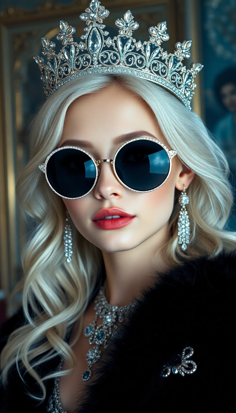 HD iPhone AI Young Platinum Blonde Queen in Black Fur Scenic Wallpaper